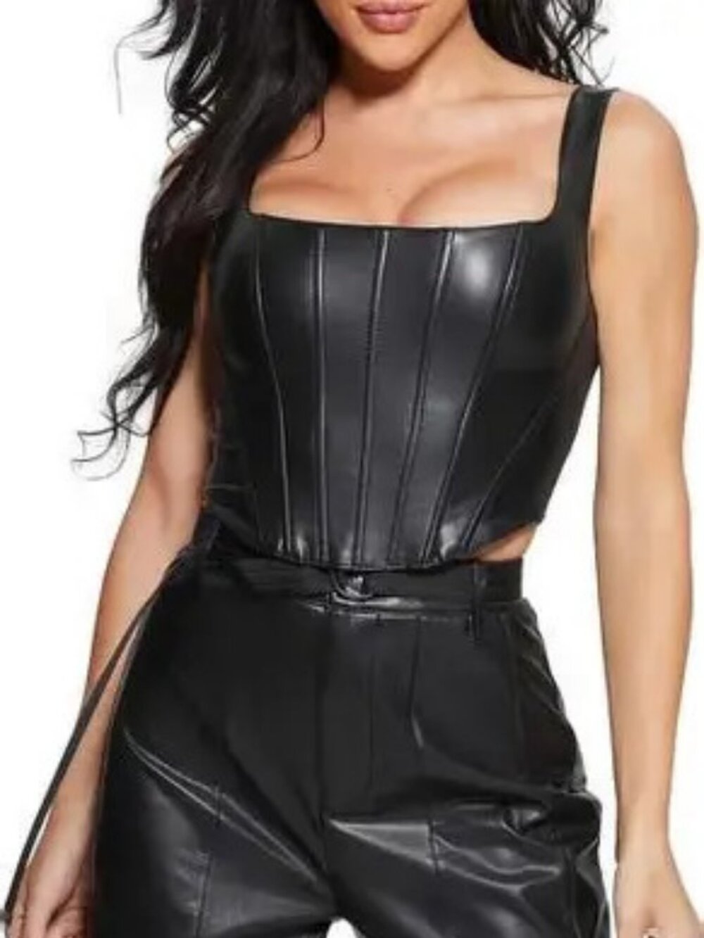 NWT GUESS Amiri Faux Leather Corset Top in Jet Black Multi at Nordstrom. SZ XS - Picture 1 of 3